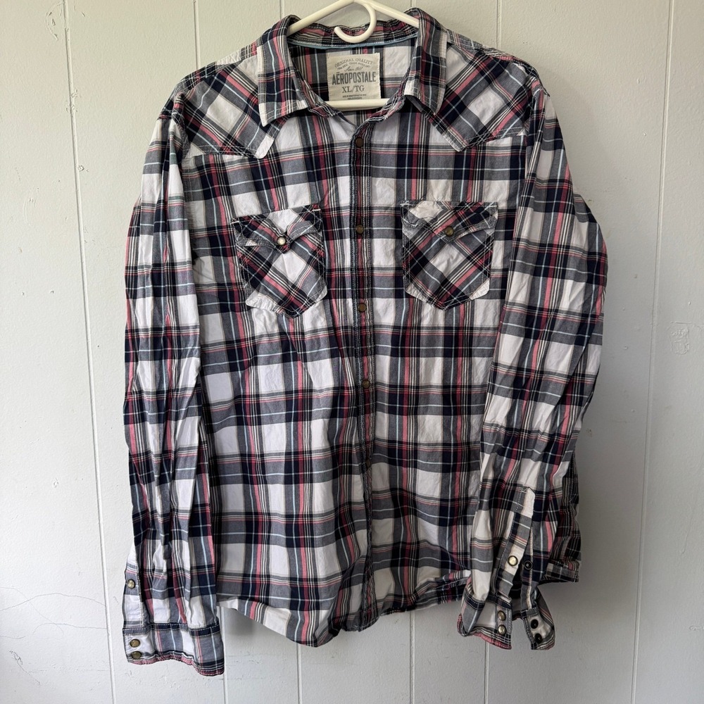 Aeropostale Mens XL Plaid Western Snap Button Down Shirt Pink Navy‎ White Cotton